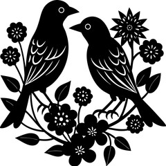 Two Birds Perched on Blooming Flowers Branch Silhouette