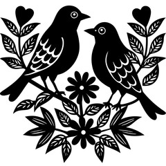Two Black Birds on Branch with Flowers and Hearts Folk Art Design