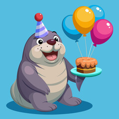 Happy Birthday Seal Cartoon Character Holding Cake and Balloons
