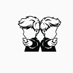 Silhouette of Two Identical Boys Facing Away, Pointing Outward, Graphic Black and White Artwork Representing Duality, Minimalist Vector
