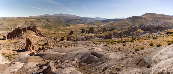 Panoramic shot of Los Bolillos Neuquen, Argentina. Dramatic, eroded rock formations under a clear sky