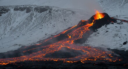 Volcano Eruption Flowing Lava on Snowy Mountain