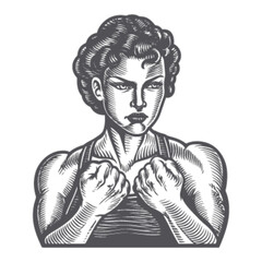 Vintage Engraving of Strong Woman with Determined Expression