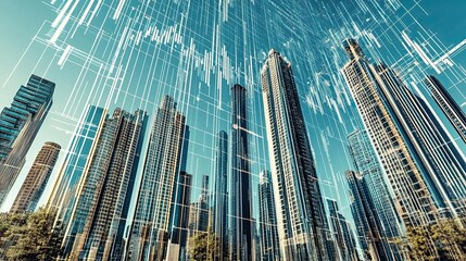 Image of financial data processing over cityscape. Global business, finance, transparent background