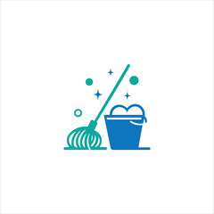Cleaning Service With Mop And Bucket Logo Icon Design.
