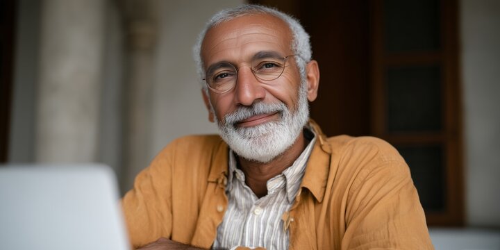Wise elderly man engaged in event gathering with cultural heritage theme