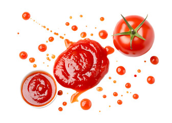 Top view set of tomato fruit with tomato sauce or ketchup splashing isolated on white background and generated with AI