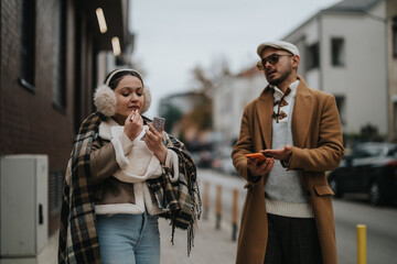 A young couple walks down a city street, enjoying their day out. One is applying lipstick while chatting with the other, capturing a casual and stylish moment together.