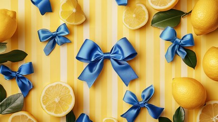 Bright Yellow Lemons Blue Satin Bows Festive Summer Citrus Fruit Background Pattern Design food ripe tart gift fresh    