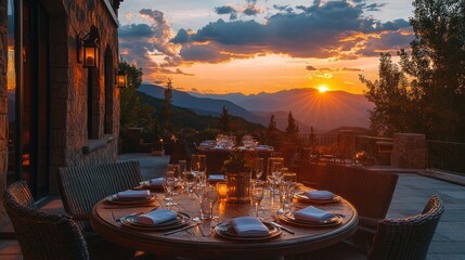 Outdoor dining experience at sunset with mountain views.  A beautifully set table awaits guests on a patio, bathed in warm golden light as the sun sets over the majestic mountains