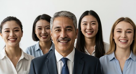 Diverse Team Portrait Confident Senior Leader Leading Group Professional Young Business People Showing Unity Against White Background Demonstrating Success and Leadership