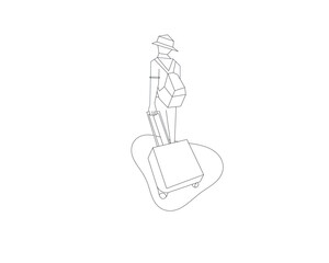 Line art illustration of a traveler with luggage and backpack. Simple outline drawing suitable for coloring pages, travel themes, and design elements