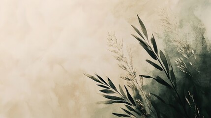Elegant Botanical Watercolor Painting Neutral Beige Green Leaves Branches Abstract Art Print Home Decor Wall Art Nature 