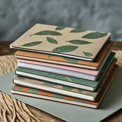 A collection of recycled notebooks featuring leaf print covers.
