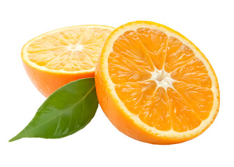A heap of ripe orange fruit in two halves with green leaf in stack isolated on white background and generated with AI