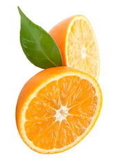 A heap of ripe orange fruit in two halves with green leaf in stack isolated on white background and generated with AI