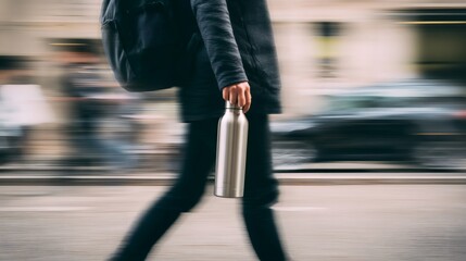 Fototapeta premium Urban commuter carrying stainless steel bottle