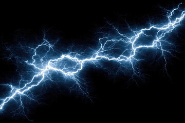Powerful electric blue lightning bolt illuminates dark sky, showcasing raw energy and dynamic movement of thunderstorm. jagged lines create dramatic and intense visual
