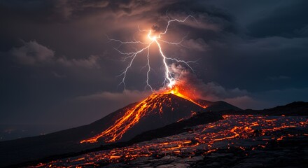 Volcano Eruption Lightning Night