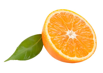 A half of ripe orange fruit with green leaf isolated on white background. with clipping path and generated with AI