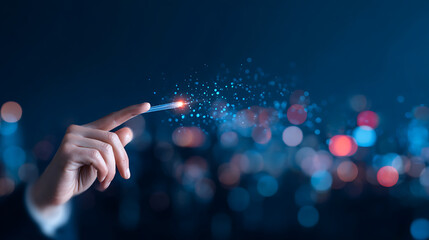 A close-up of a hand with a pen-like tool interacting with a glowing blue digital interface, against a bokeh background, depicting a concept of innovation. Generative AI 71511215 2