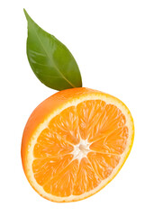 A half of ripe orange fruit with green leaf isolated on white background. with clipping path and generated with AI