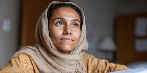Focused learning: south asian woman in hijab studying at desk