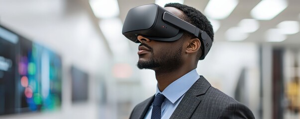 A businessman in a suit uses a virtual reality headset in a modern, brightly lit office setting.