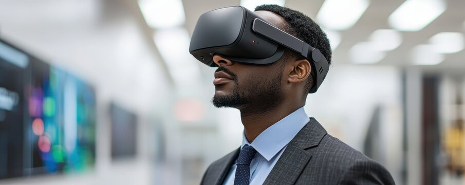 A businessman in a suit uses a virtual reality headset in a modern, brightly lit office setting.