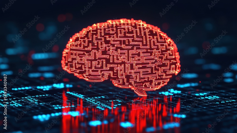 Poster a glowing digital brain with circuitry patterns symbolizes artificial intelligence and technology on