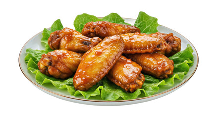 Delicious Chicken Wings with Sauce & Lettuce - Isolated Plate on Transparent Background