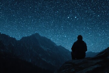 Fototapeta premium Silhouette of a Person Sitting on a Rock Gazing at the Starry Night Sky Above Mountains in a Tranquil Scene