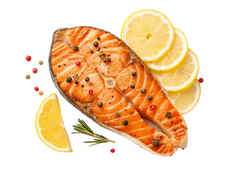 Top view set of grilled salmon meat or salmon steak with yellow lemon slices and spices isolated and generated with AI in png file format