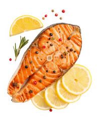 Top view set of grilled salmon meat or salmon steak with yellow lemon slices and spices isolated on white background and generated with AI