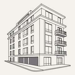 Modern apartment building architectural line drawing illustration
