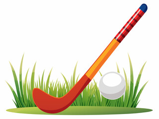 A field hockey stick with a white ball at the tip. White background, grass sport illustration