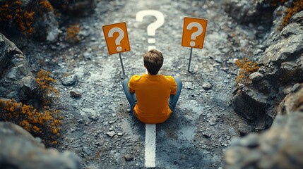 3D isometric flat illustration of man sitting between two roads with question marks above, soft pastel color palette, crossroads with road signs and arrows, isometric top-down view, concept of choice 