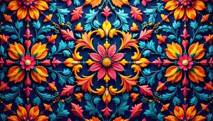 Intricate repeating floral pattern, vibrant hues, repetitive, blossom