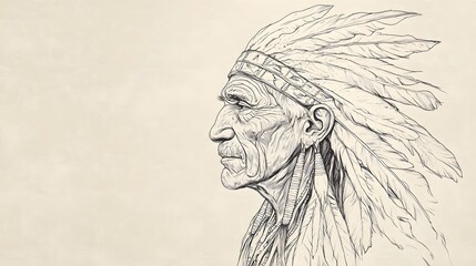 Fototapeta premium Side view line drawing of a Native Indian elder, light tone background