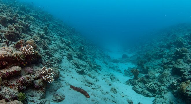 Underwater view of a sea cucumber on the sandy seabed with coral and rocks around it