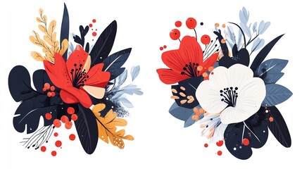 Elegant Floral Arrangements Red White Flowers Botanical Illustration Artistic Design Nature Inspired Pretty Summer      