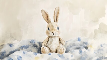 Adorable Watercolor Bunny Rabbit Sitting Softly on Blue Blanket Nursery Decor Cute Childrens Illustration Sweet Animal  