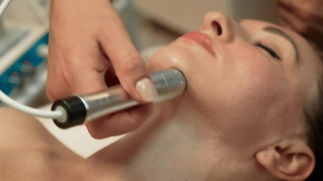 Lady experiencing refreshing facial treatment by seasoned beautician in day spa. Non-Invasive Anti-Aging Technology, Ultrasound Beauty Therapy. Facial therapy, skincare routine, anti-aging aesthetics