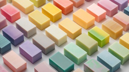 Obraz premium A row of colorful soap bars are arranged in a grid