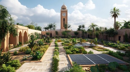 Obraz premium Desert oasis with lush gardens and solar panels