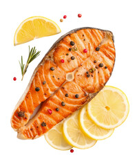 Top view set of grilled salmon meat or salmon steak with yellow lemon slices and spices isolated and generated with AI in png file format
