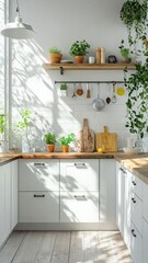 Eco-friendly kitchen setup: bright and clean space with reusable utensils and potted herbs enhancing a sustainable lifestyle.