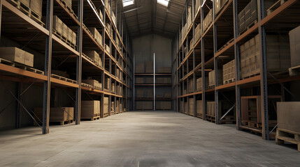 Fototapeta premium Industrial warehouse interior with metal racks and stacked cardboard boxes on wooden pallets, showing organized storage and spacious concrete floor under natural light