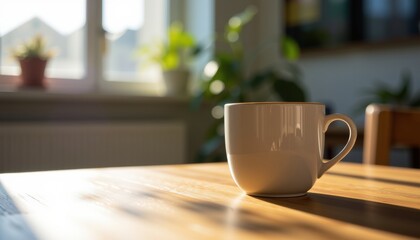 Fototapeta premium Cozy coffee cup in a sunlit room with plants nearby.