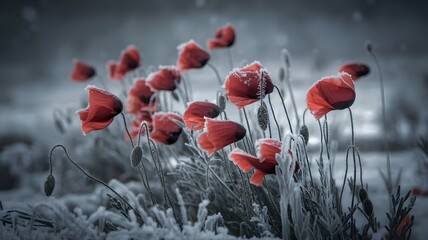Red poppies in a frosty, snow-covered field, a vivid contrast of colors in a serene winter landscape. The delicate petals of the poppies are dusted with frost, creating a beautiful winter scene